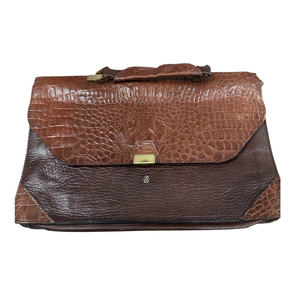 Vintage Made in Italy Brown Leather Croc Embossed Briefcase Document Bag